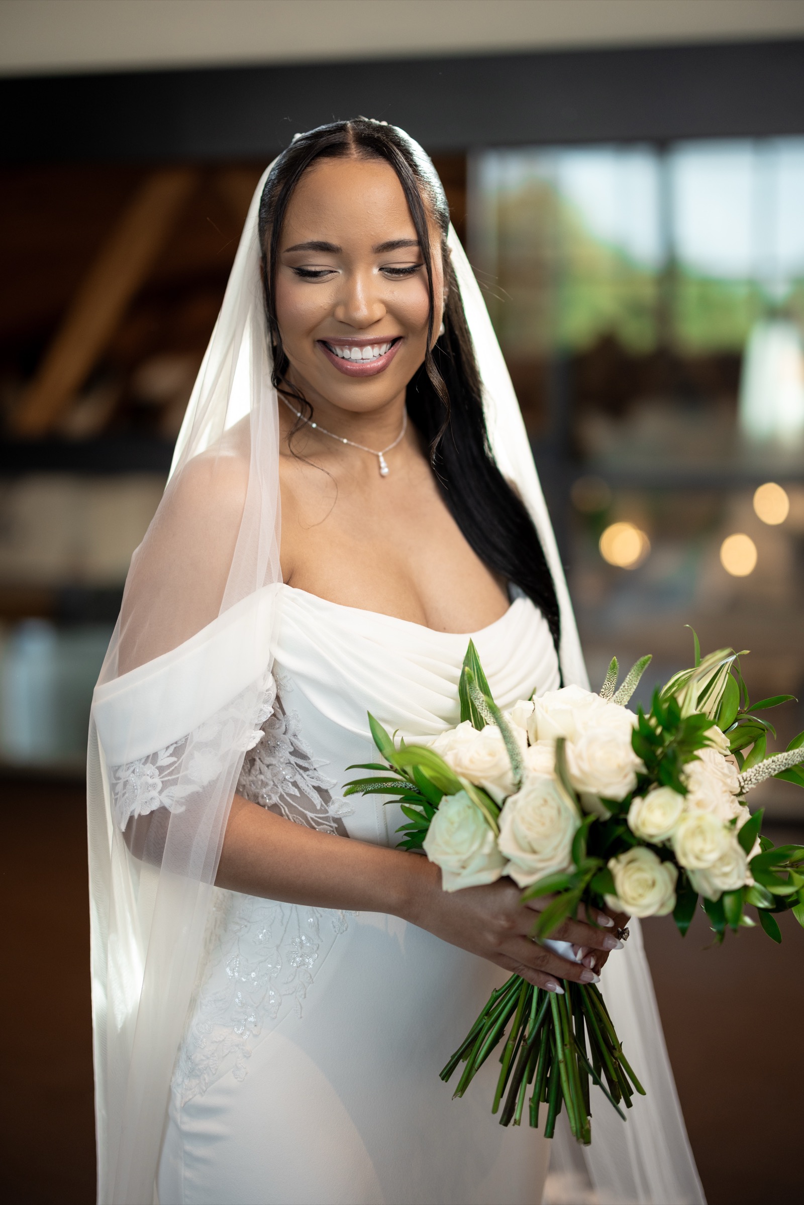 Kevin reading his vows to Rachel at The Colony House ceremony with green wall backdrop