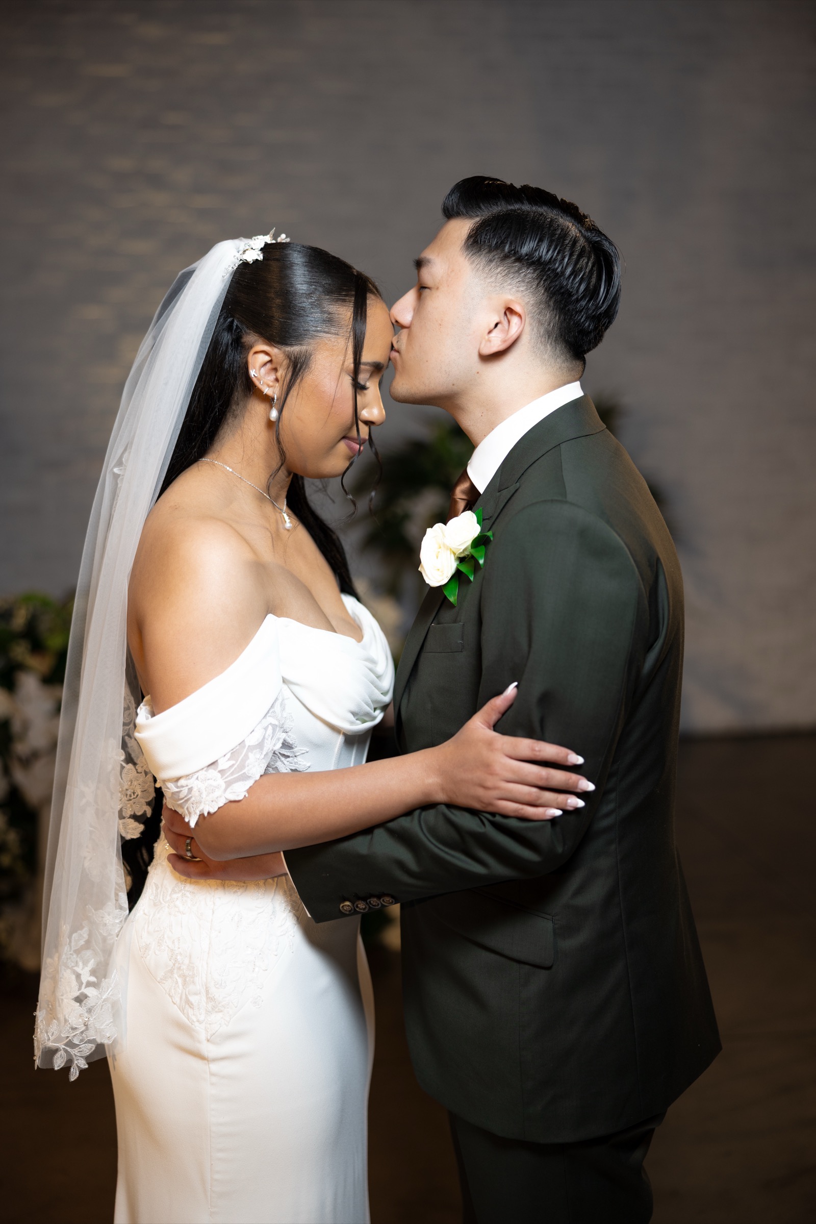Rachel full-length bridal portrait with veil and train spread at The Colony House