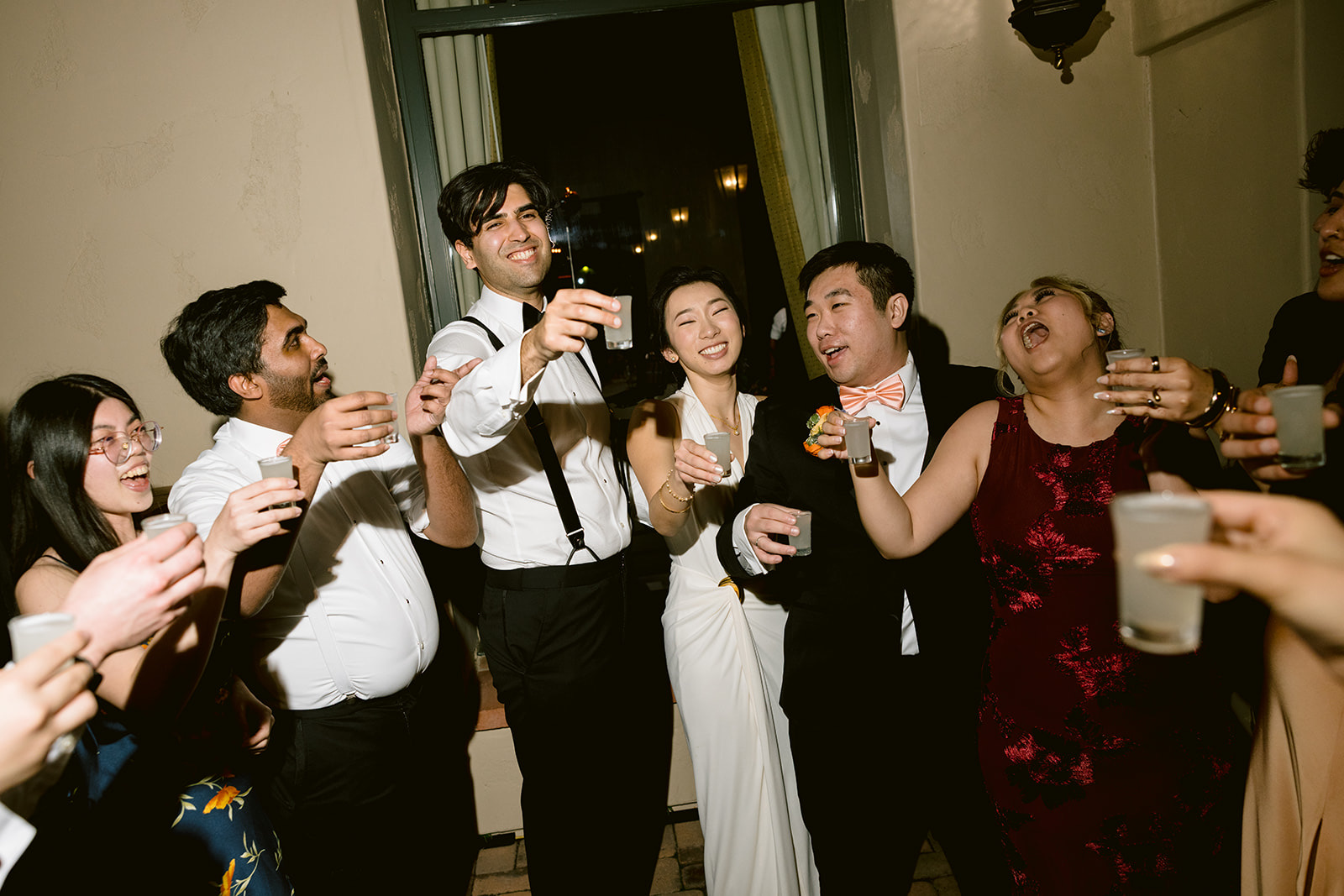 Couple and friends toasting at the reception