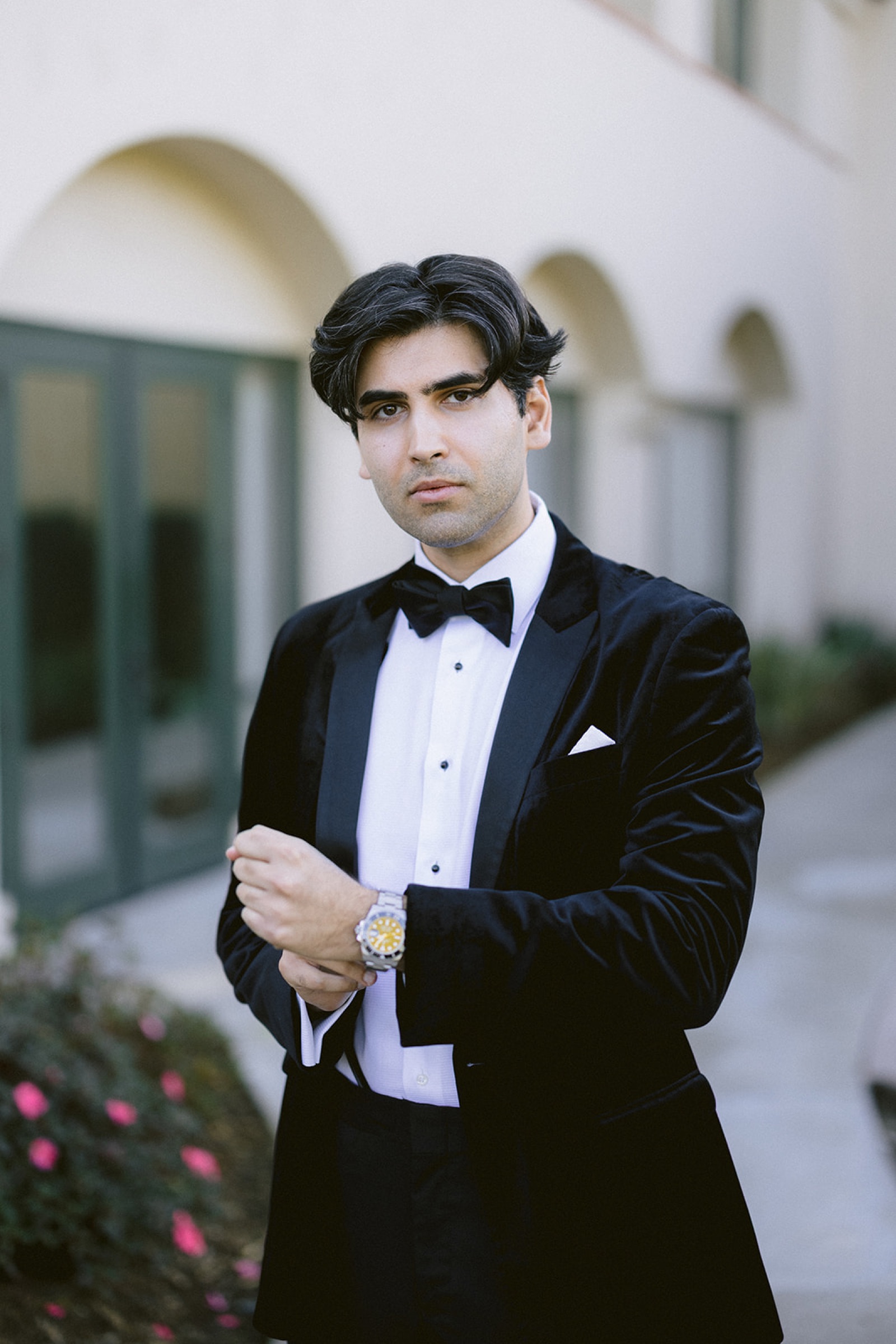 Shravan getting ready in velvet tuxedo at South Hills Country Club