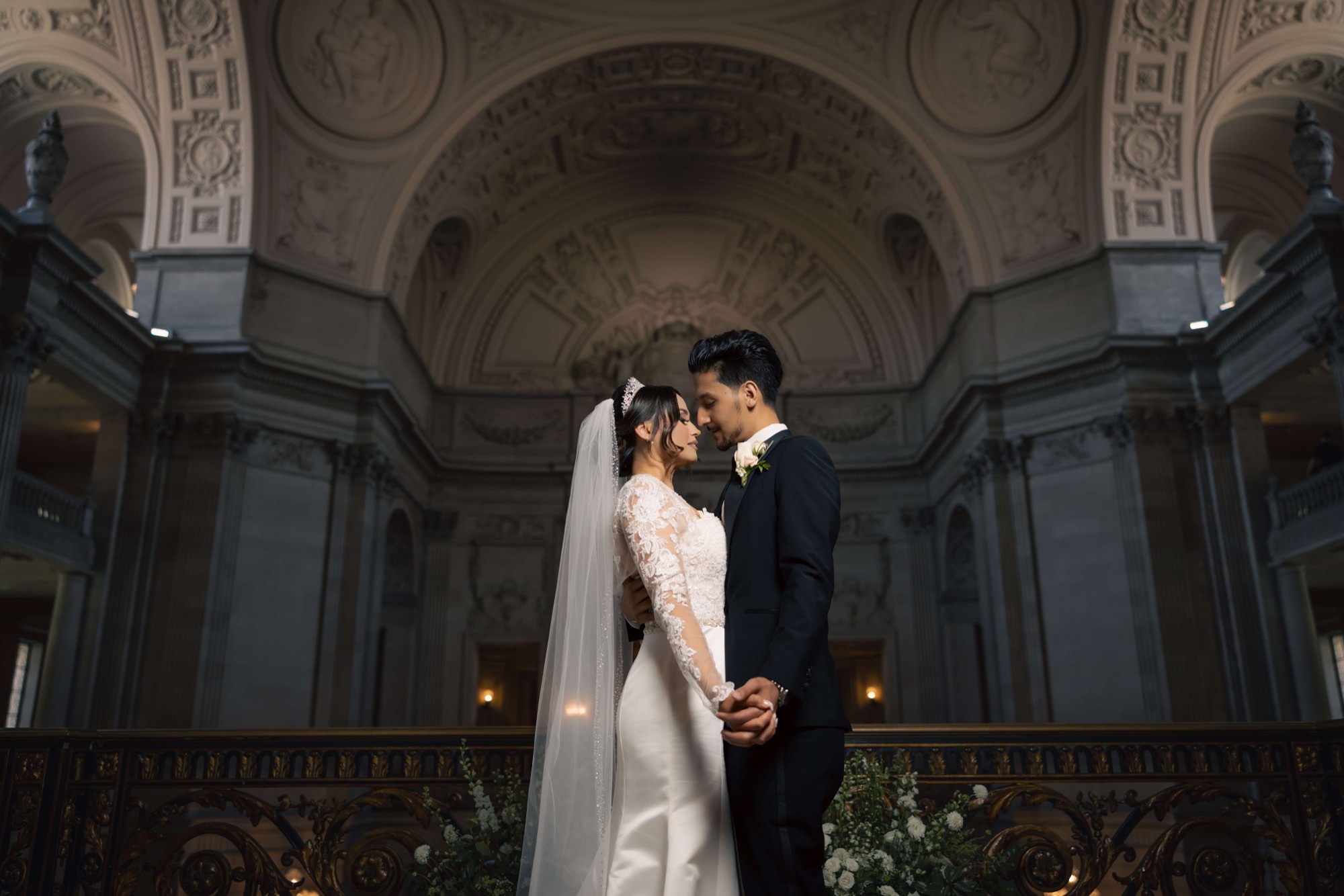 Couple portrait at grand architectural venue